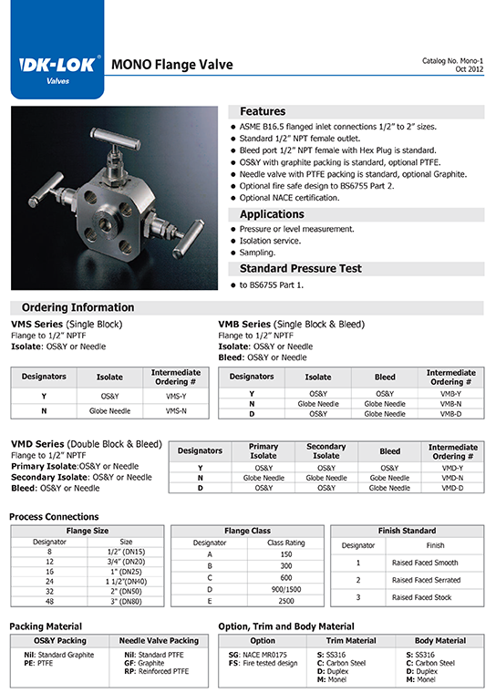 catalog page of mono flange valve