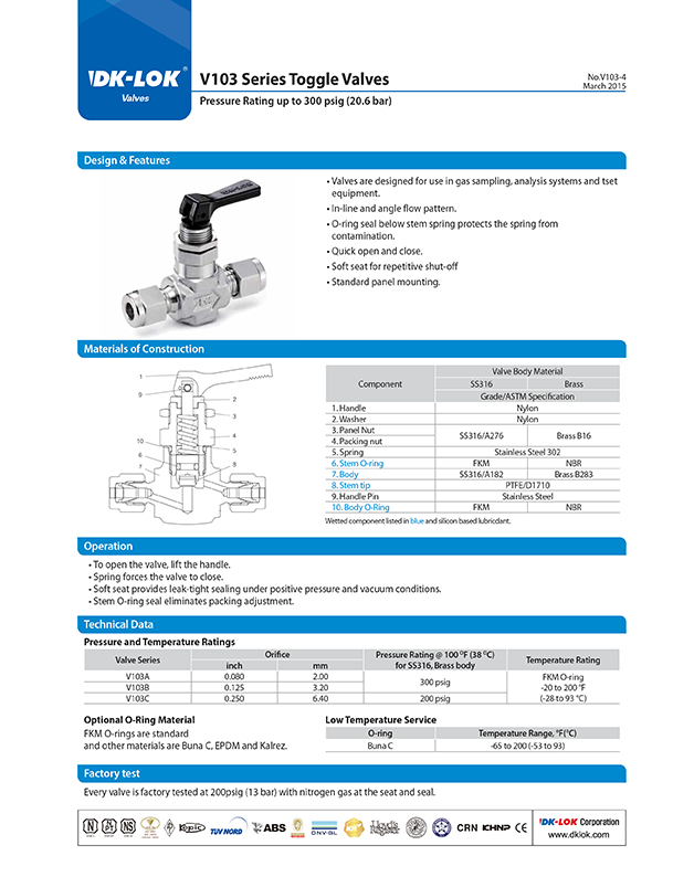catalog page of v103 series toggle valves