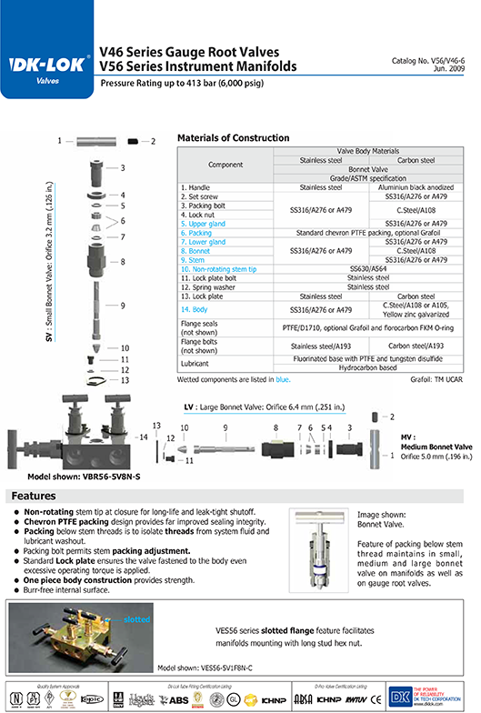 catalog page of v46 series gauge root valves and v56 series instrument manifolds