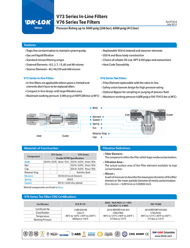 catalog page of v73 series in-line filters and v76 series tee filters