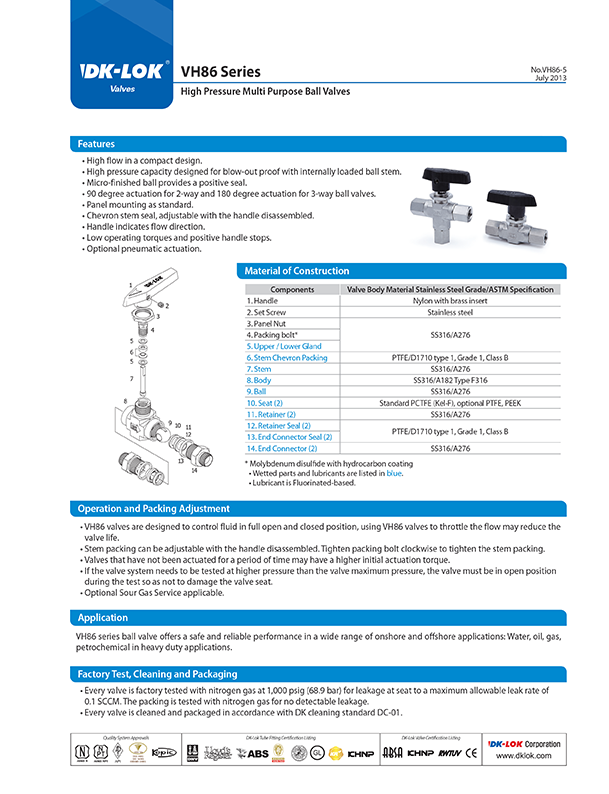 catalog page of vh86 series high pressure multi-purpose ball valves